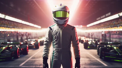 Portrait of F1 driver wearing helmet, formula one pilot standing on race track after competition. Generative AI