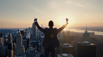 Successful businessman raising arms like a winner standing on roof of office building with city view. Concept of business success and victory. Generative AI