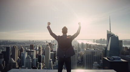 Obraz na płótnie Canvas Successful businessman raising arms like a winner standing on roof of office building with city view. Concept of business success and victory. Generative AI