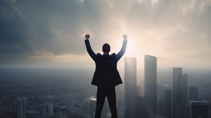 Fototapeta na wymiar Successful businessman raising arms like a winner standing on roof of office building with city view. Concept of business success and victory. Generative AI