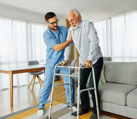 Fototapeta na wymiar nurse doctor senior care caregiver help walker assistence retirement home nursing elderly man hospital clinic home disability disabled