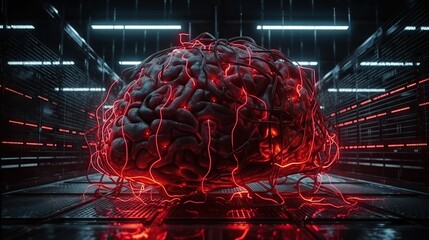 Evil AI brain in data center. Danger of strong artificial intelligence, threat to humanity, future risk of bad scenario, creating dangerous ASI, scary superintelligence. Generative AI - obrazy, fototapety, plakaty
