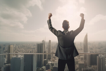 Fototapeta na wymiar Successful businessman raising arms like a winner standing on roof of office building with city view. Concept of business success and victory. Generative AI