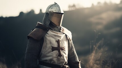 Portrait of knight templar, medieval warrior wearing helmet, standing on battlefield. Generative AI - obrazy, fototapety, plakaty