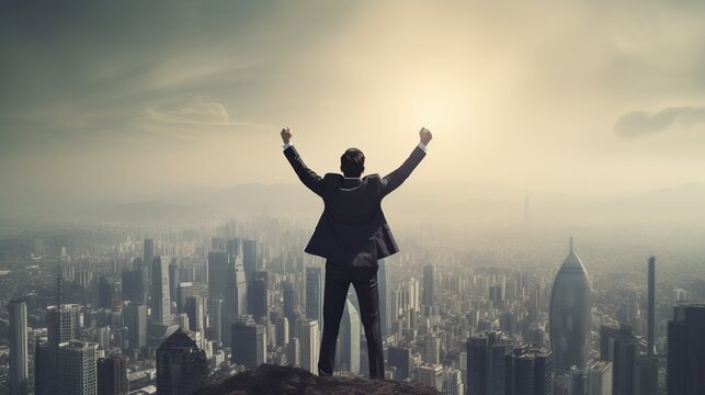 Successful businessman raising arms like a winner standing on roof of office building with city view. Concept of business success and victory. Generative AI
