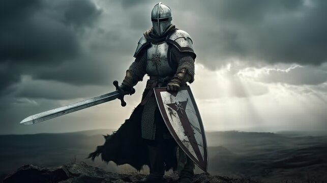 Portrait of knight templar, medieval warrior wearing helmet, standing on battlefield with sword and shield. Generative AI