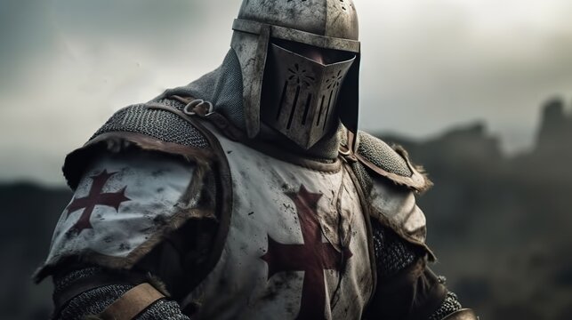 Portrait of knight templar, medieval warrior wearing helmet, standing on battlefield. Generative AI