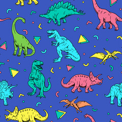 Obraz premium Dinosaurs Seamless Pattern. Cartoon Dinosaurs Kids Seamless Repeat Design. Dinos in Neon Colors Seamless Pattern.