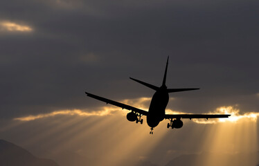 Fototapeta na wymiar Silhouette of landing airplane at dawn