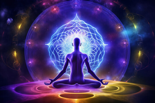 Transcendental chakras space meditation futuristic colorful background. Generative AI