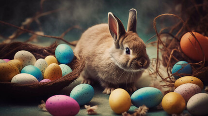 Fototapeta na wymiar easter bunny with eggs, generative ai