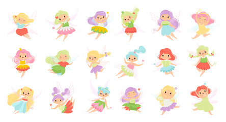 Cute Girl Fairy Flying and Fluttering with Wings and Magic Wand Vector Set