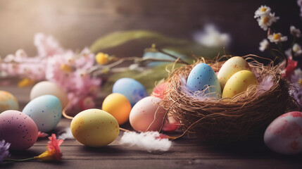 easter eggs in a basket, generative ai