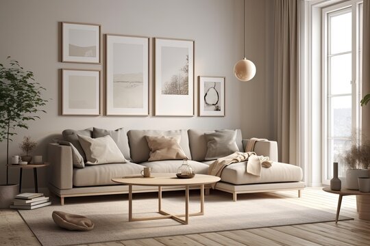 modern living room with a comfortable couch, coffee table and stylish wall decor. Generative AI