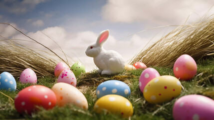 toy easter bunny with eggs in the background blue sky, generative ai