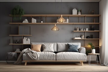 cozy living room with a comfortable couch and stylish shelves. Generative AI