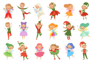 Cute Girl Fairy Wings and Elf in Pretty Dress Flying and Happy Smiling Vector Set
