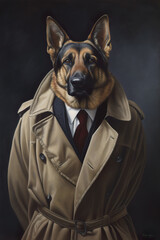 Portrait of detective wearing overcoat and coat and tie with a german shepherd dog head.