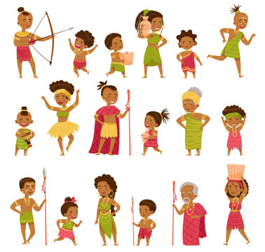 African People Characters with Kids in Traditional Tribal Clothing Big Vector Set