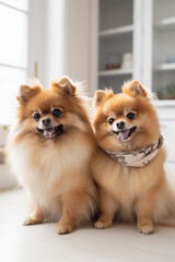 Two Curious Pomeranians spitz dog looking at the camera in home. Adorable pet. Waiting for the over. Dog food. At an appointment with a veterinarian. Love for animals. generative ai 
