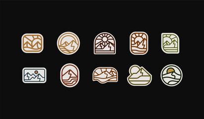 Mountain travel emblems set. Camping outdoor adventure emblems, badges and logo patches. Mountain tourism, hiking. Universal creative premium symbol. Vector illustration