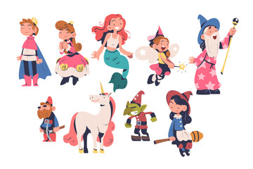 Fairytale Characters with Mermaid, Fairy, Magician, Gnome, Unicorn, Troll, Witch and Princess Vector Set