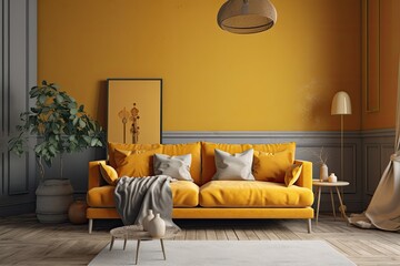 modern and cozy living room with a yellow couch and a white rug. Generative AI