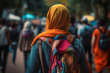 University, Muslim and campus student walking, happy and relax on journey to class, education learning or lecture study. School, hijab and Islamic woman, generative ai