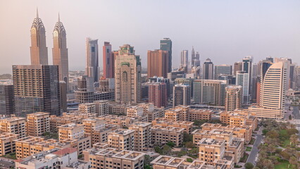 Obraz premium Skyscrapers in Barsha Heights district and internet city towers aerial timelapse.