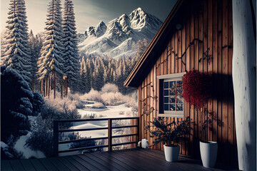 Snow covered mountain hut old farmhouse in the ski region at sunrise against blue sky, AI Generated