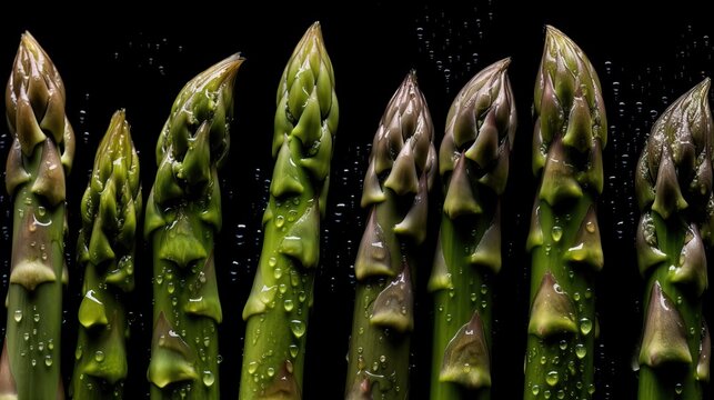 Heap of fresh asparagus on black background top view. Healthy food in flat lay style