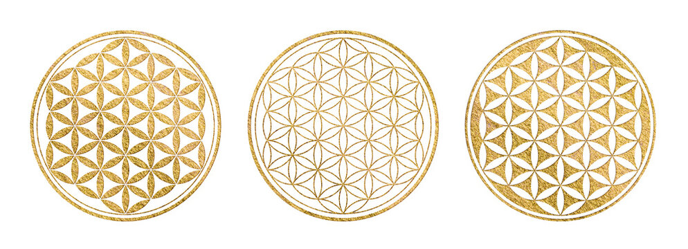 golden flower of life symbol in three variations, yoga / sacred geometry / zen icon with gold texture isolated over a transparent background