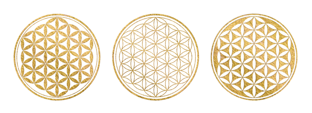 golden flower of life symbol in three variations, yoga / sacred geometry / zen icon with gold texture isolated over a transparent background