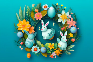 Grafika z królikami wielkanocnymi, dookoła kwiaty - obrazy, fototapety, plakaty