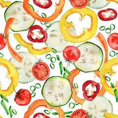 Watercolor healthy food seamless pattern. Fresh vegetables background. Pepper, tomato, green onion, zucchini, cucumber slice tile. Agriculture, local farm market, diet, organic cooking illustration