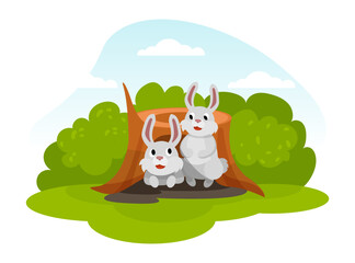 White Bunny at Burrow or Hollow in Stump in the Forest Vector Illustration