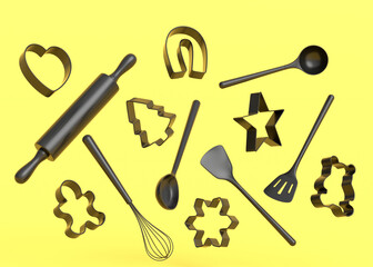 Wooden kitchen utensils and cookie cutters on monochrome background