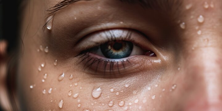 Drops of sweat close-up on womans forehead, concept of Perspiration and Macrophotography, created with Generative AI technology