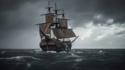 Fototapeta na wymiar Pirate Ship in the middle of the Ocean, Generative AI