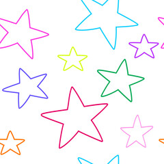 Pattern with colorful kids doodle stars hand drawn on white background