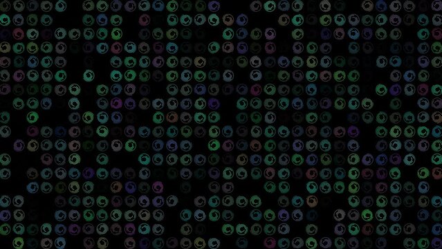 Colored rotating loading circles on black bg. Abstract festive background for advertising, congratulations, text. Colorful creative flat dynamic shapes animation. Business bg. 60 fps 3D render.