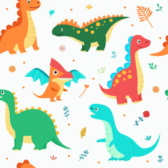 Cute dinosaurs pattern on white background. Vector cartoon flat illustration
