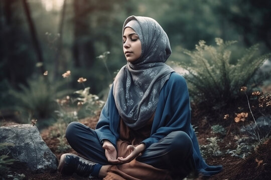 muslim woman doing yoga in nature outdoors, generative ai
