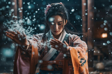 Obraz na płótnie Canvas Portrait of samurai woman with katana, generative ai