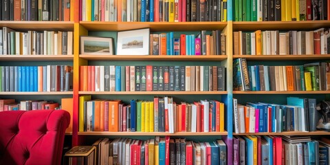 Home library shelf with colorful books, concept of Personal library and Colorful books, created with Generative AI technology
