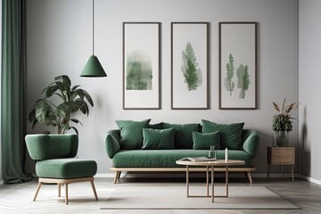 cozy living room with a green couch and two chairs. Generative AI