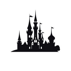 Silhouette of a magic castle, fairy tale icon. Black castle outline.