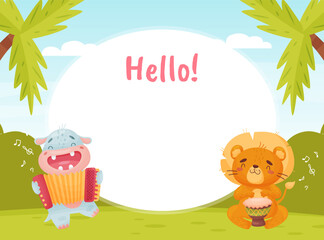 Empty Card with Hippo and Lion Playing Musical Instrument Vector Template