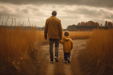 Father and son walking down a dirt road, fathers day background generated ai