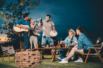 summer party camping of friends group with guitar music, happy young woman and smiling man having fun in vacation holiday, nature outdoors travel of friendship lifestyle together, bar-b-q party time